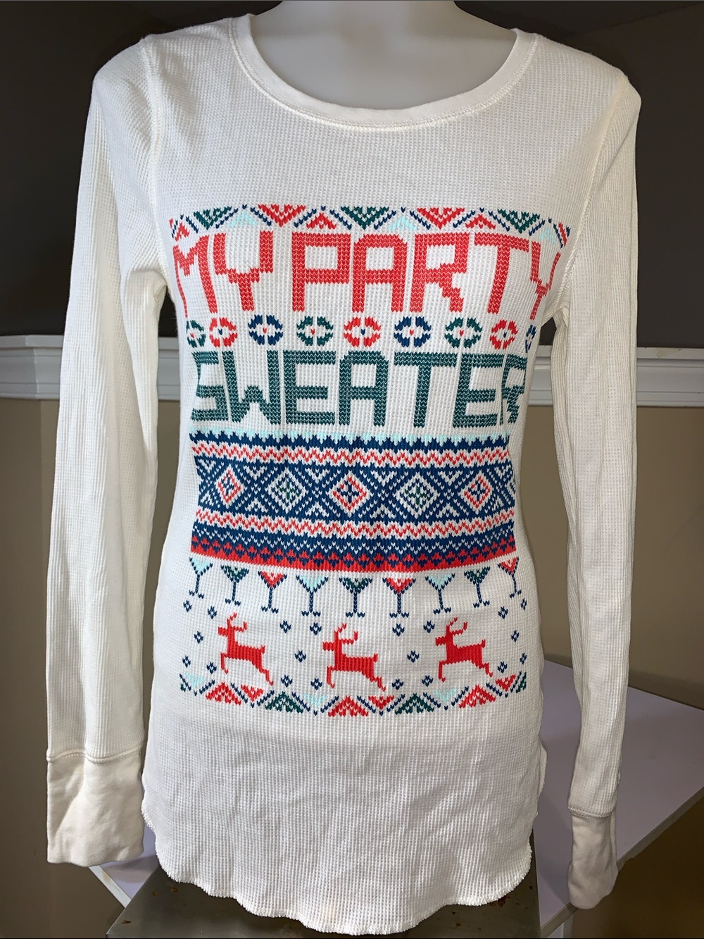 Old Navy White 'My Party Sweater' Crewneck with Red and Green Accents